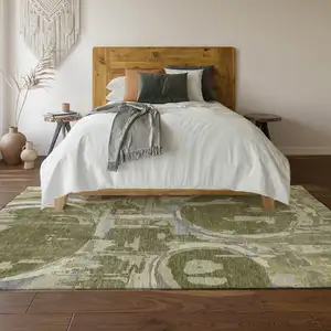 Photo of Olive Green Gray And Silver Geometric Washable Area Rug With UV Protection