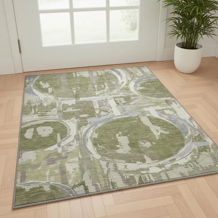 Olive Green Gray And Silver Geometric Washable Area Rug With UV Protection Photo 2