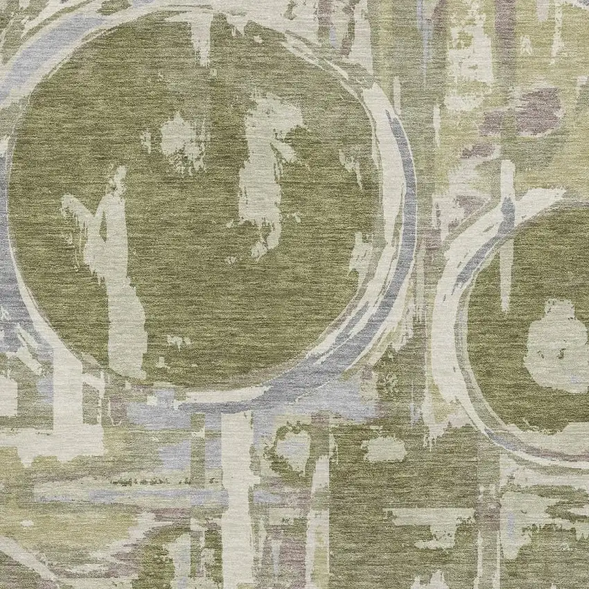 Olive Green Gray And Silver Geometric Washable Area Rug With UV Protection Photo 3