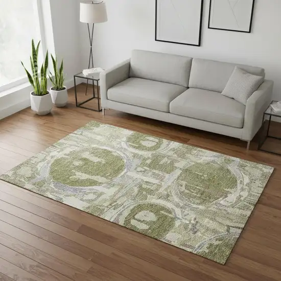 Olive Green Gray And Silver Geometric Washable Area Rug With UV Protection Photo 2