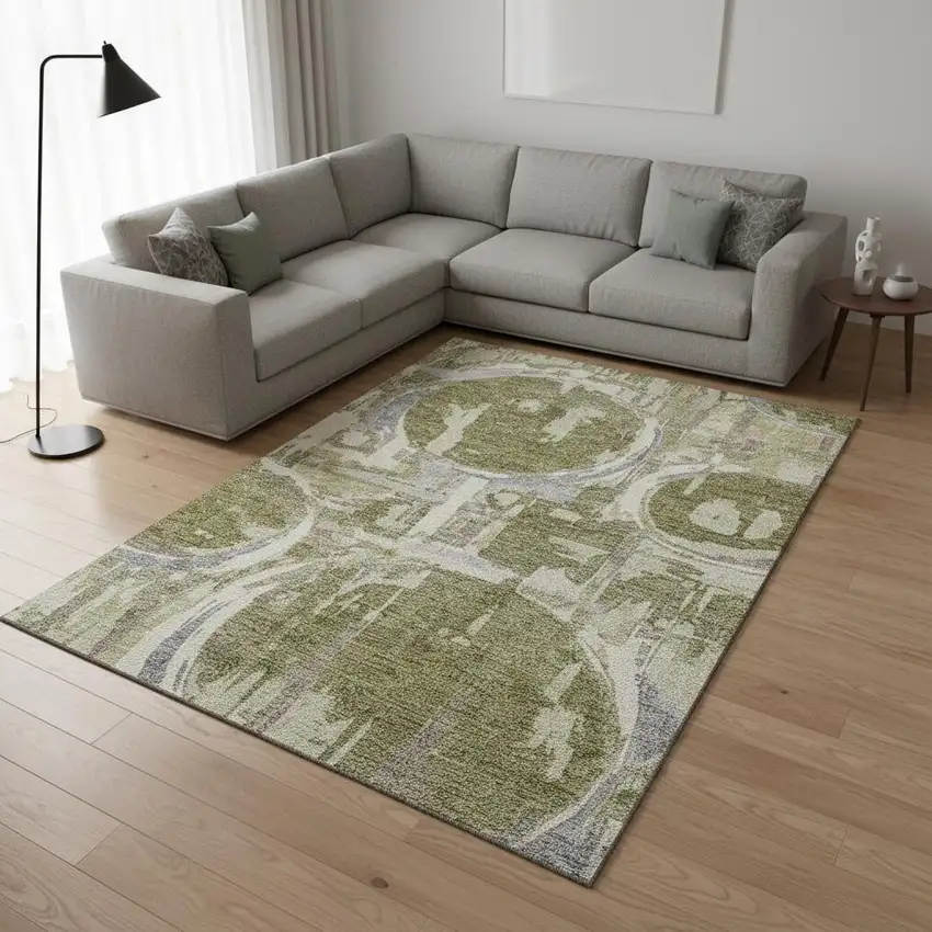 Olive Green Gray And Silver Geometric Washable Area Rug With UV Protection Photo 2