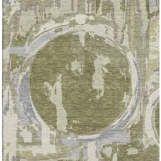 Olive Green Gray And Silver Geometric Washable Area Rug With UV Protection Photo 3