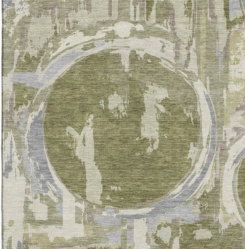 Olive Green Gray And Silver Geometric Washable Area Rug With UV Protection Photo 3