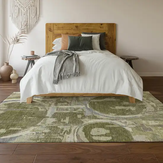 Olive Green Gray And Silver Geometric Washable Area Rug With UV Protection Photo 6