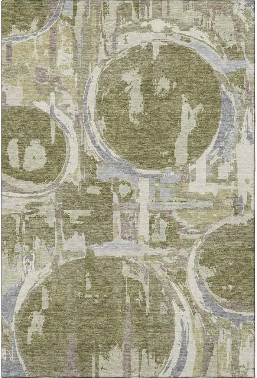 Olive Green Gray And Silver Geometric Washable Area Rug With UV Protection Photo 4