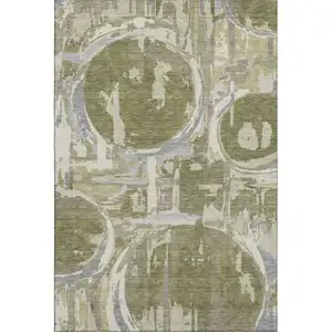 Photo of Olive Green Gray And Silver Geometric Washable Area Rug With UV Protection