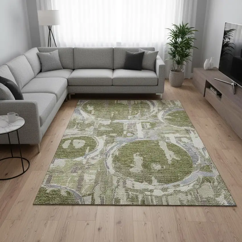 Olive Green Gray And Silver Geometric Washable Area Rug With UV Protection Photo 2