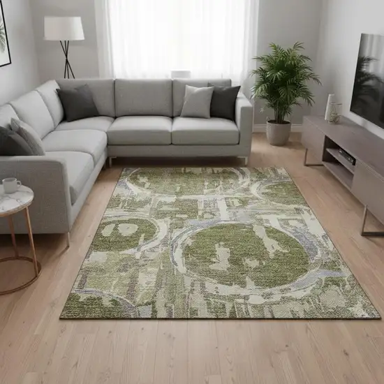 Olive Green Gray And Silver Geometric Washable Area Rug With UV Protection Photo 2