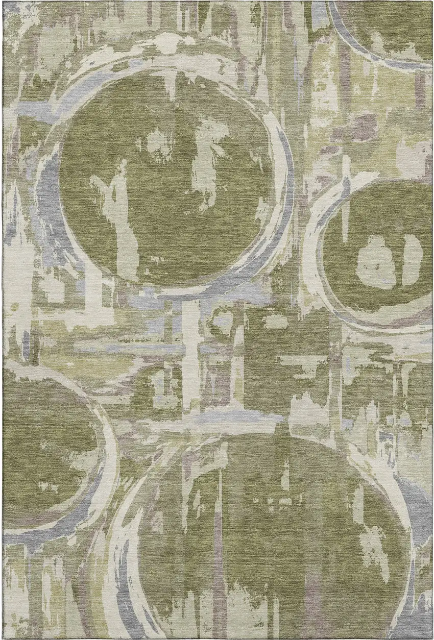 Olive Green Gray And Silver Geometric Washable Area Rug With UV Protection Photo 1