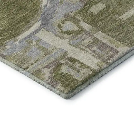 Olive Green Gray And Silver Geometric Washable Area Rug With UV Protection Photo 7