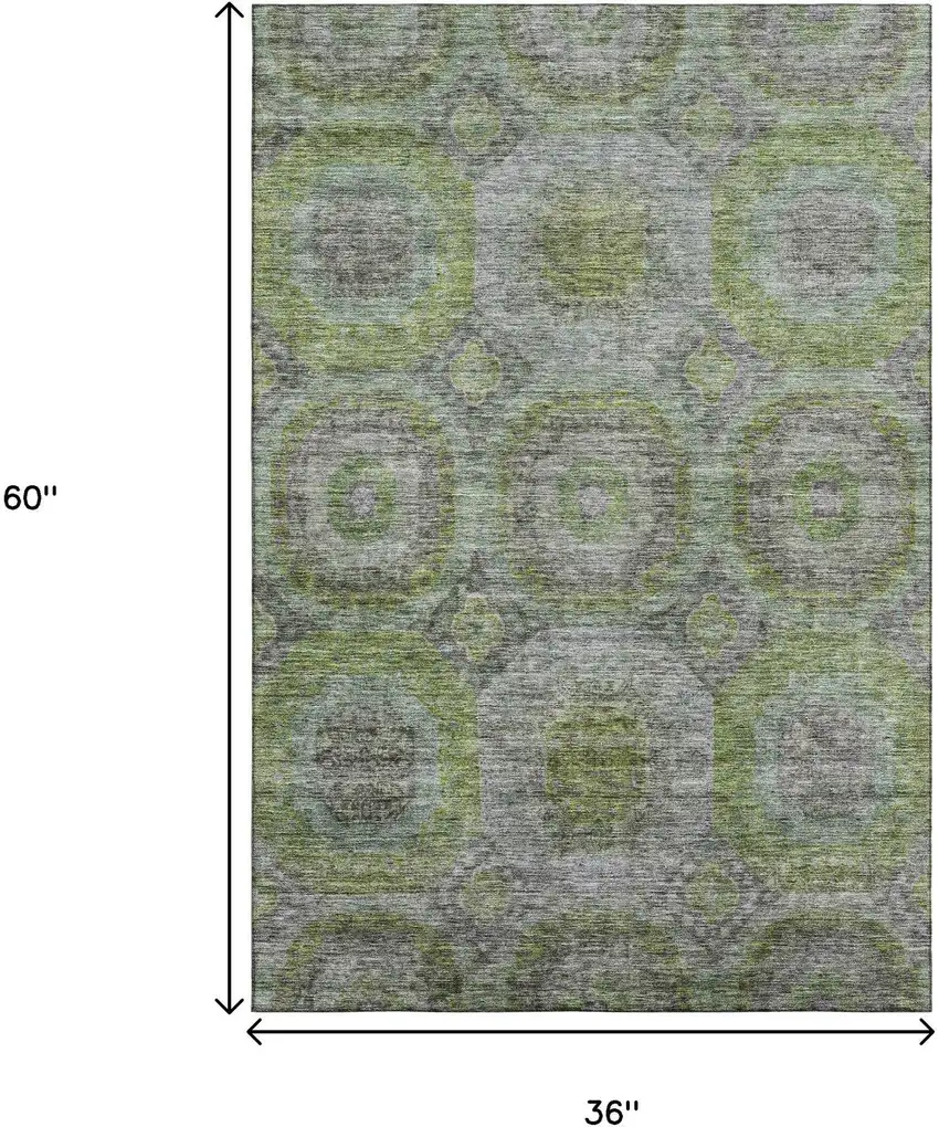Olive Green Gray And Silver Geometric Washable Area Rug With UV Protection Photo 3