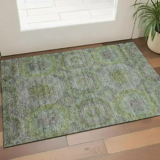 Olive Green Gray And Silver Geometric Washable Area Rug With UV Protection Photo 2
