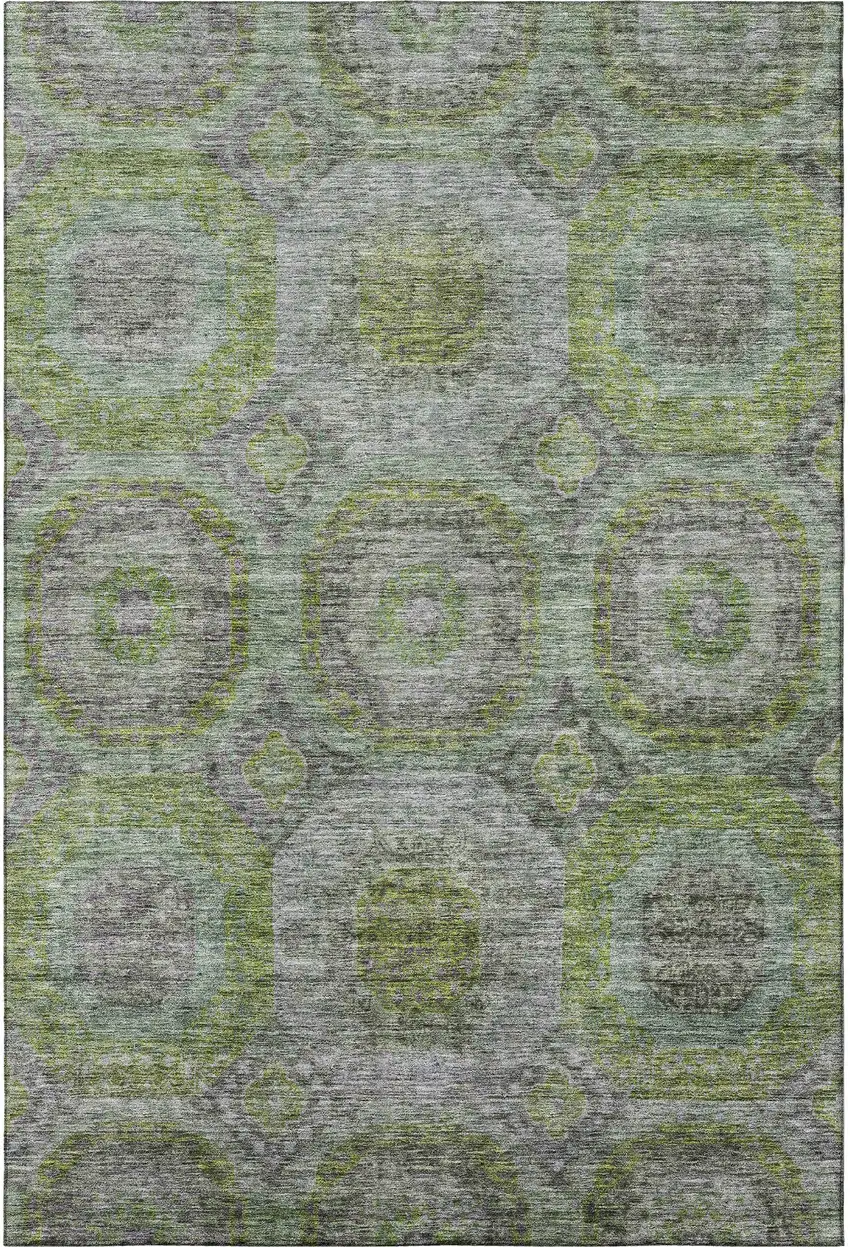 Olive Green Gray And Silver Geometric Washable Area Rug With UV Protection Photo 3