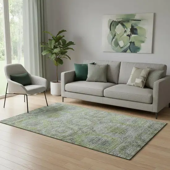 Olive Green Gray And Silver Geometric Washable Area Rug With UV Protection Photo 2