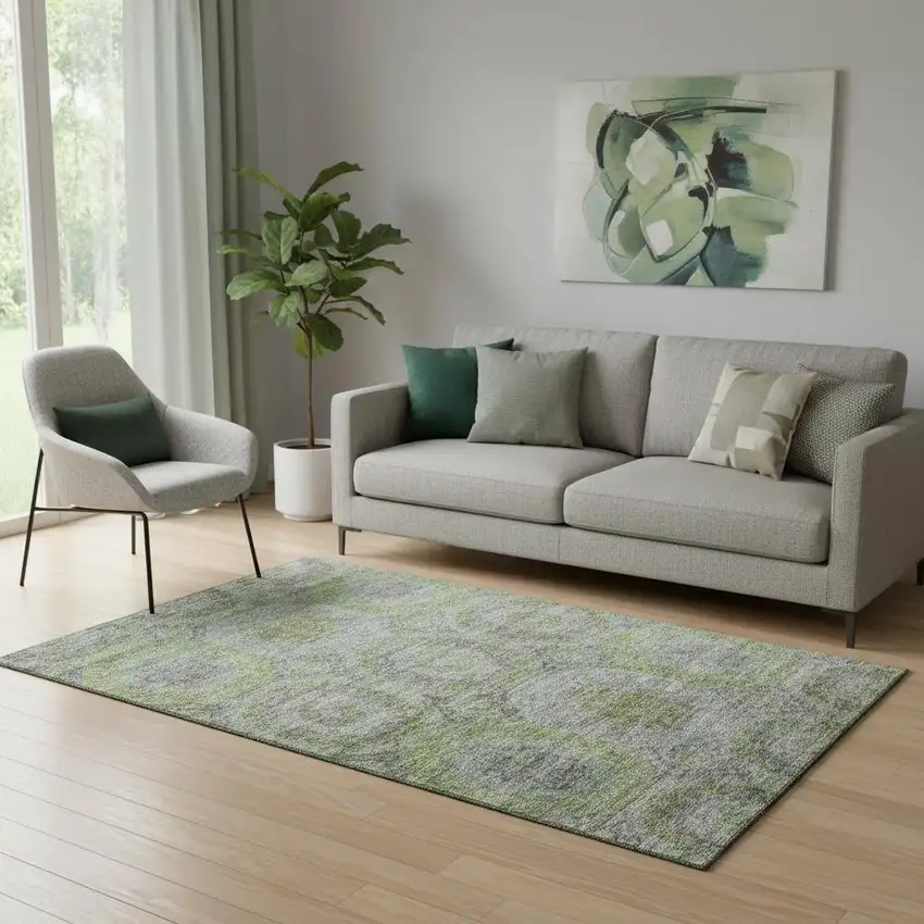 Olive Green Gray And Silver Geometric Washable Area Rug With UV Protection Photo 2