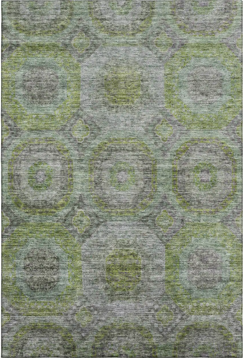 Olive Green Gray And Silver Geometric Washable Area Rug With UV Protection Photo 1