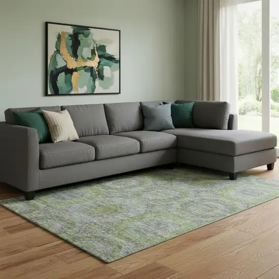 Olive Green Gray And Silver Geometric Washable Area Rug With UV Protection Photo 2