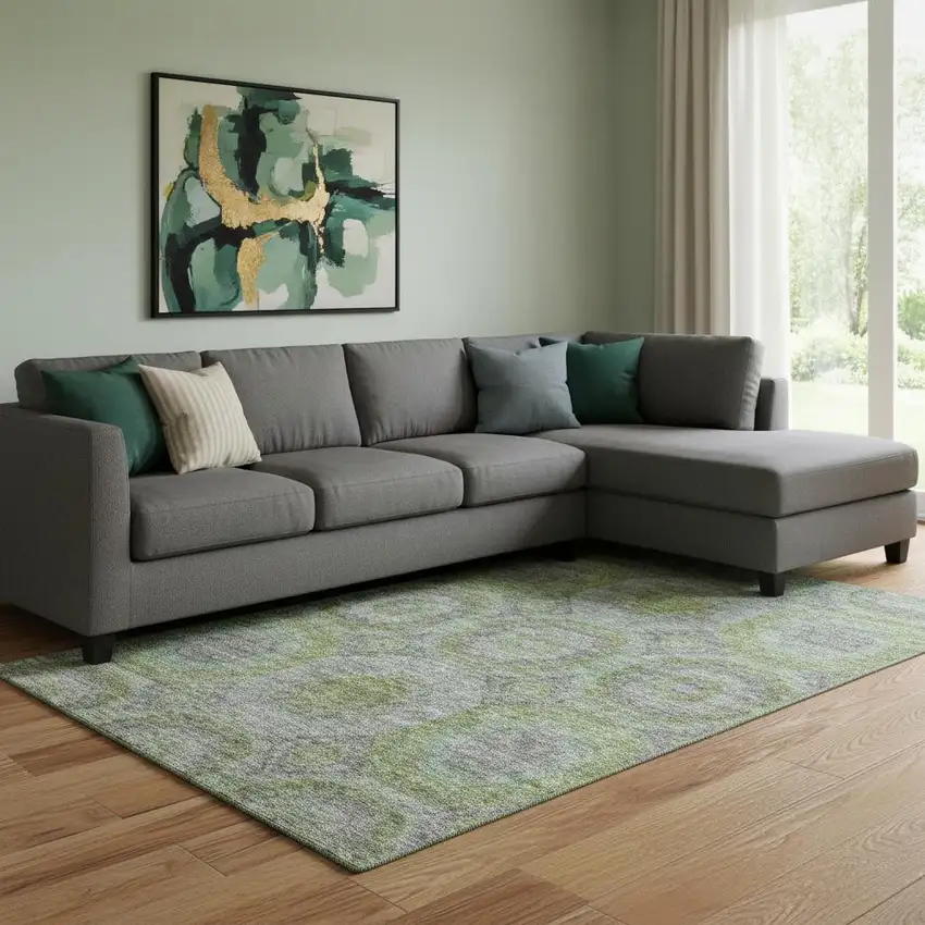 Olive Green Gray And Silver Geometric Washable Area Rug With UV Protection Photo 2