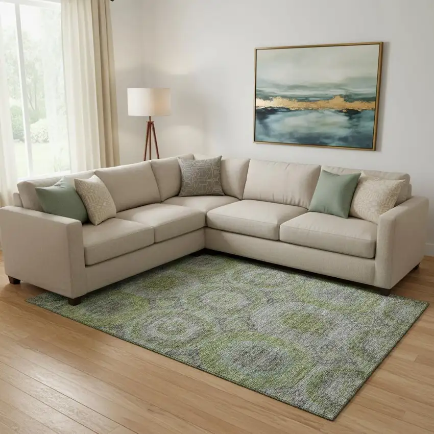 Olive Green Gray And Silver Geometric Washable Area Rug With UV Protection Photo 2