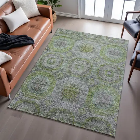 Olive Green Gray And Silver Geometric Washable Area Rug With UV Protection Photo 4