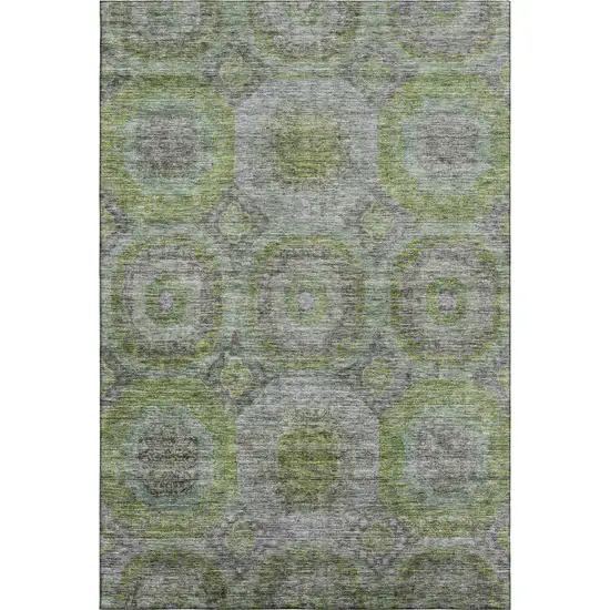 Olive Green Gray And Silver Geometric Washable Area Rug With UV Protection Photo 1