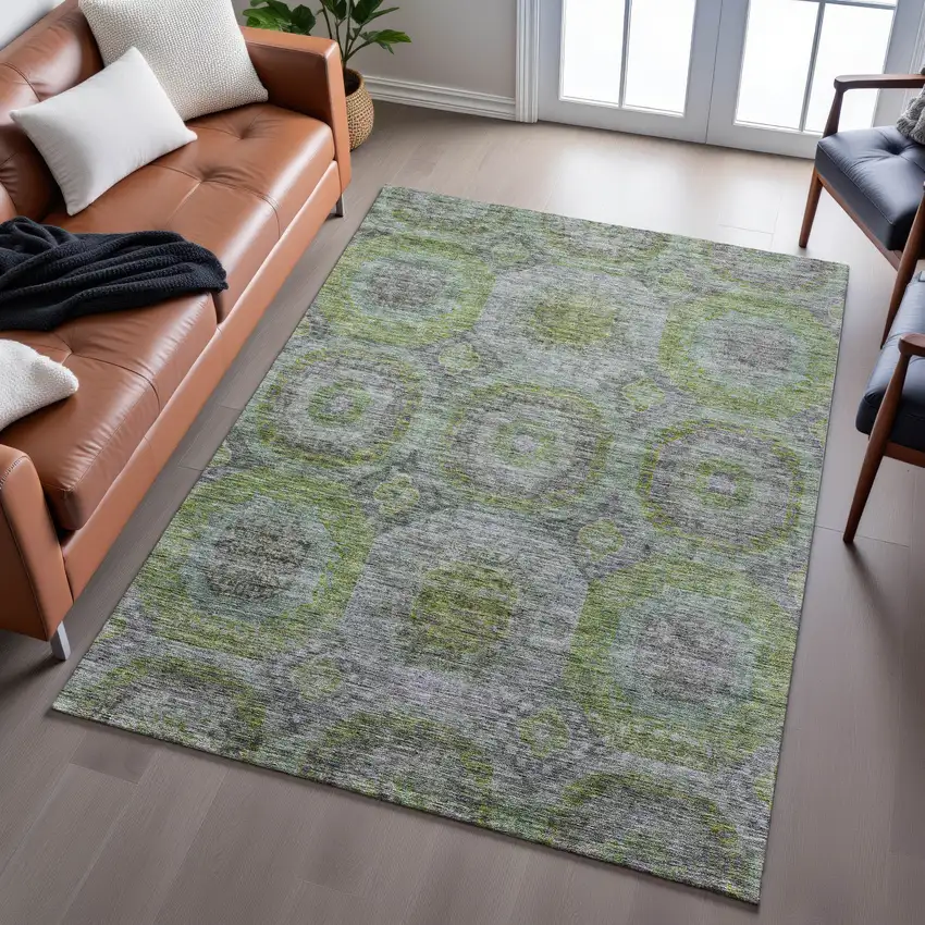 Olive Green Gray And Silver Geometric Washable Area Rug With UV Protection Photo 5