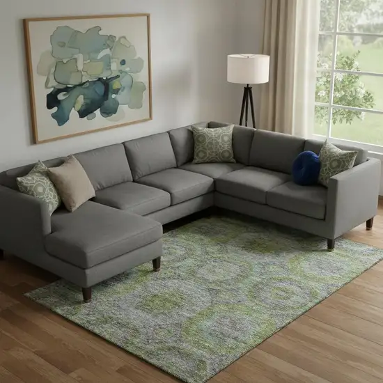 Olive Green Gray And Silver Geometric Washable Area Rug With UV Protection Photo 2