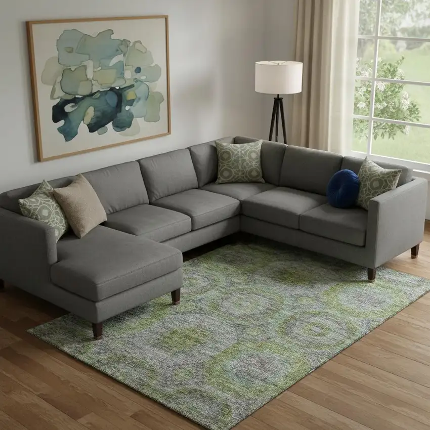 Olive Green Gray And Silver Geometric Washable Area Rug With UV Protection Photo 2