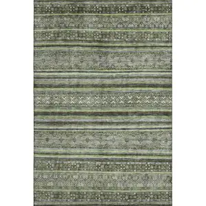 Photo of Olive Green Gray And Silver Striped Washable Area Rug With UV Protection