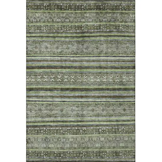 Olive Green Gray And Silver Striped Washable Area Rug With UV Protection Photo 3