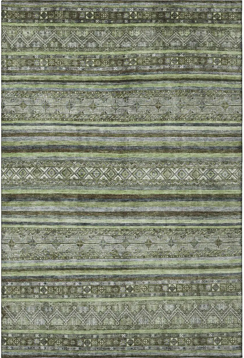 Olive Green Gray And Silver Striped Washable Area Rug With UV Protection Photo 3