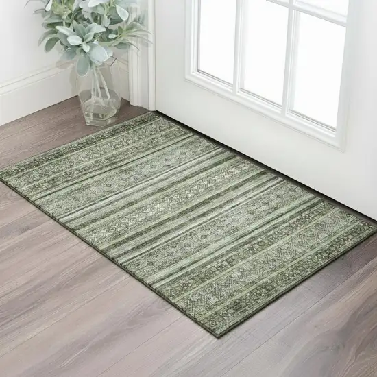 Olive Green Gray And Silver Striped Washable Area Rug With UV Protection Photo 2