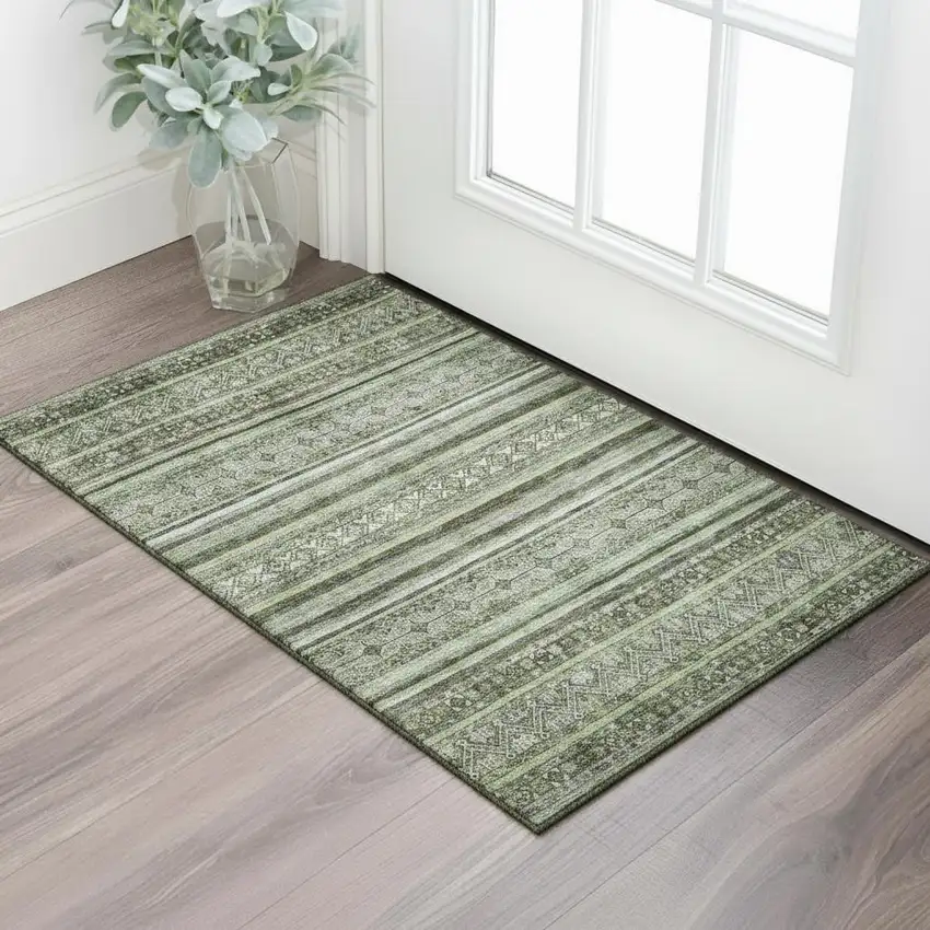 Olive Green Gray And Silver Striped Washable Area Rug With UV Protection Photo 2