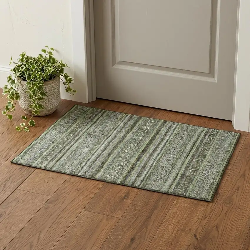 Olive Green Gray And Silver Striped Washable Area Rug With UV Protection Photo 1