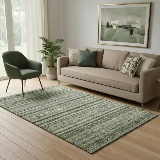 Olive Green Gray And Silver Striped Washable Area Rug With UV Protection Photo 2