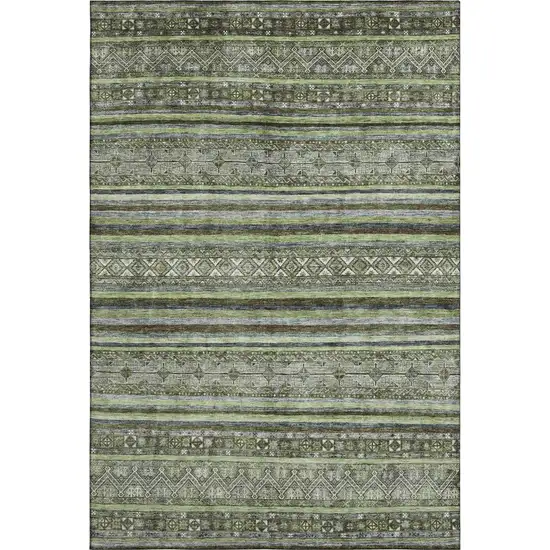 Olive Green Gray And Silver Striped Washable Area Rug With UV Protection Photo 1