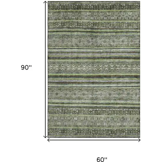 Olive Green Gray And Silver Striped Washable Area Rug With UV Protection Photo 8