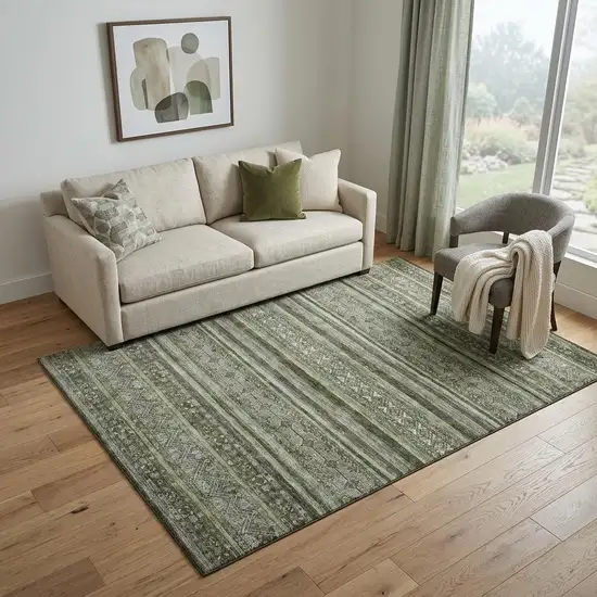 Olive Green Gray And Silver Striped Washable Area Rug With UV Protection Photo 1