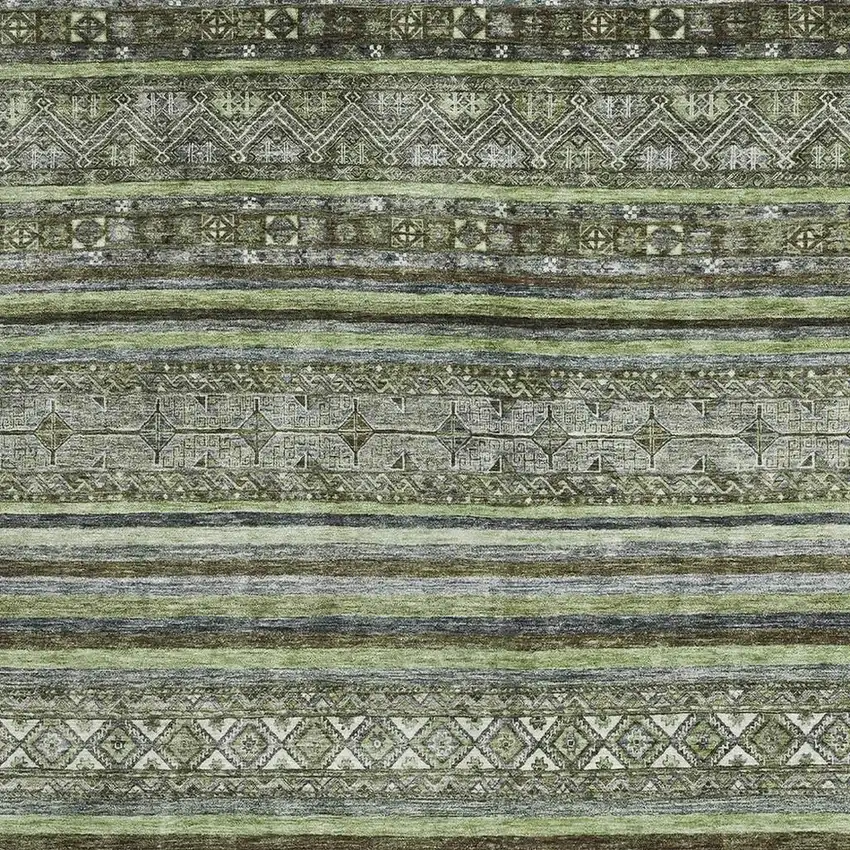 Olive Green Gray And Silver Striped Washable Area Rug With UV Protection Photo 2