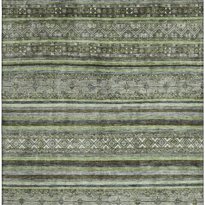 Olive Green Gray And Silver Striped Washable Area Rug With UV Protection Photo 3