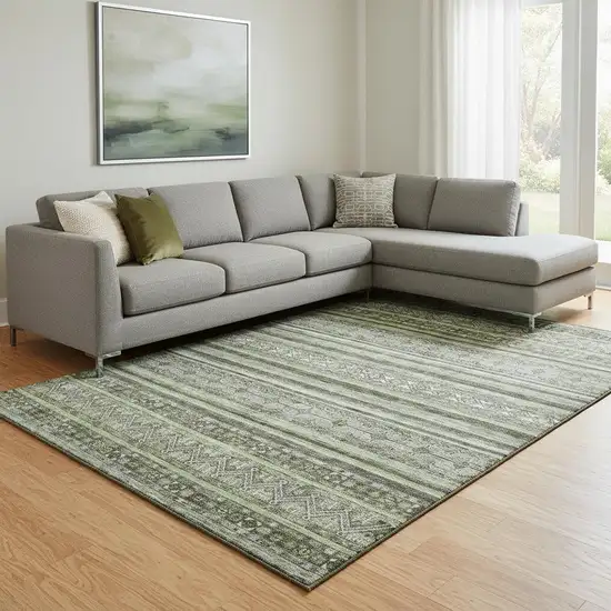 Olive Green Gray And Silver Striped Washable Area Rug With UV Protection Photo 2