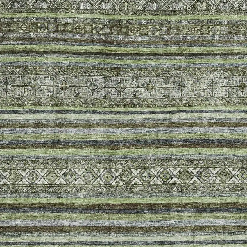 Olive Green Gray And Silver Striped Washable Area Rug With UV Protection Photo 2