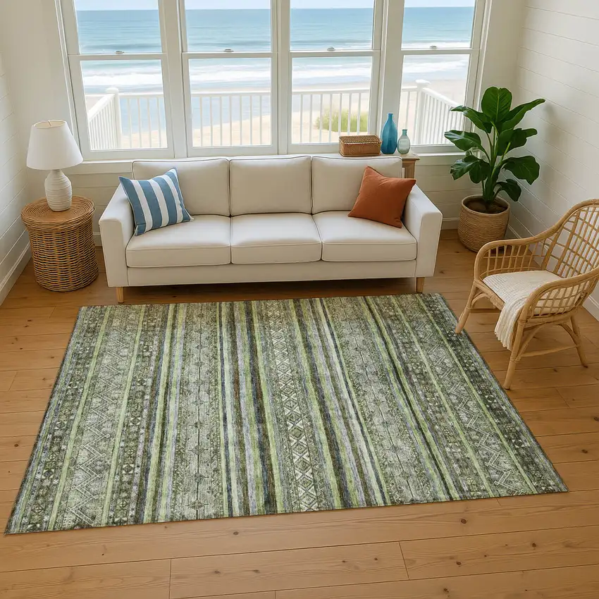 Olive Green Gray And Silver Striped Washable Area Rug With UV Protection Photo 5
