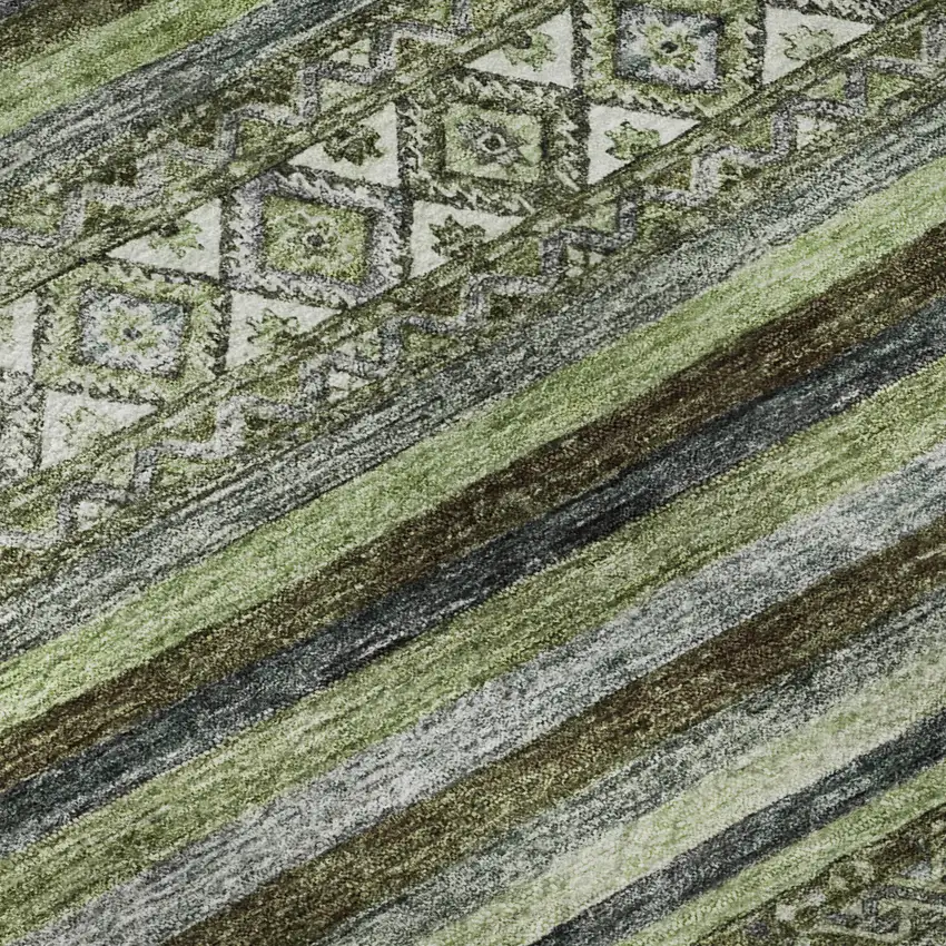 Olive Green Gray And Silver Striped Washable Area Rug With UV Protection Photo 9