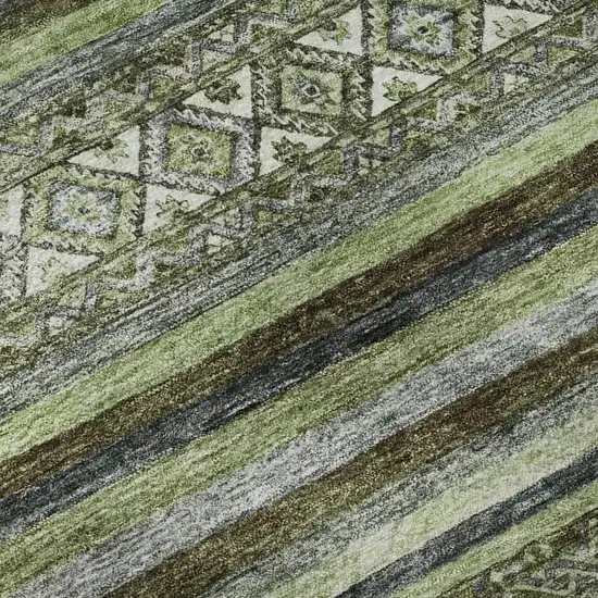 Olive Green Gray And Silver Striped Washable Area Rug With UV Protection Photo 9