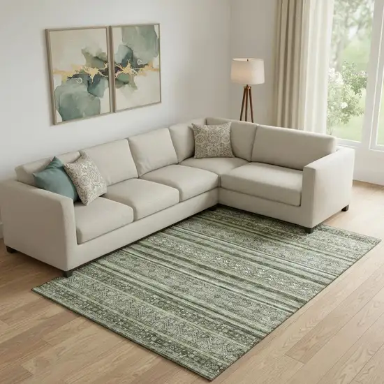 Olive Green Gray And Silver Striped Washable Area Rug With UV Protection Photo 2