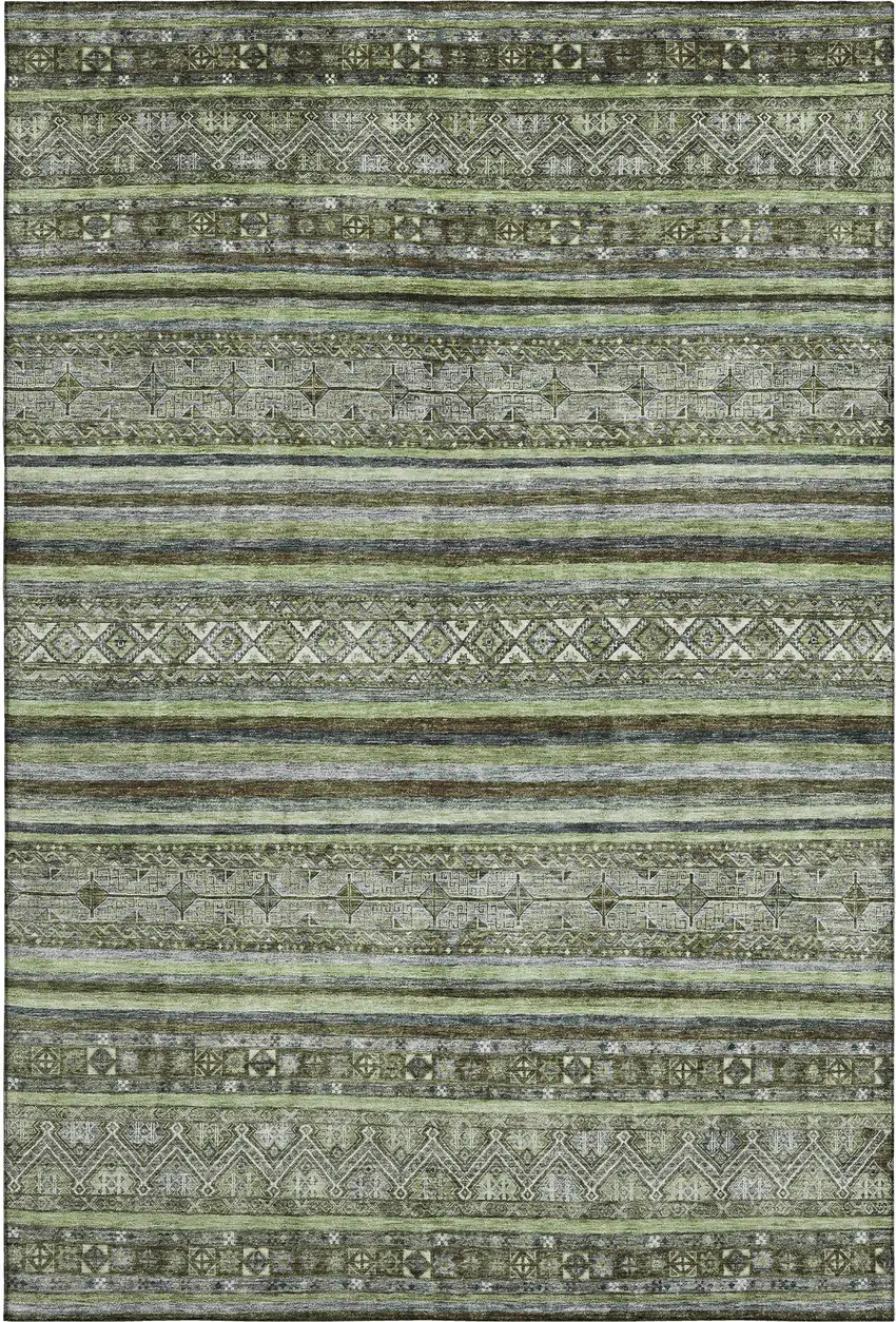 Olive Green Gray And Silver Striped Washable Area Rug With UV Protection Photo 1