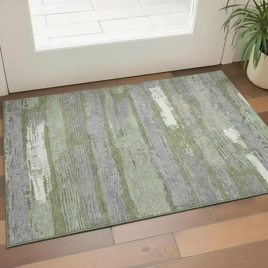 Olive Green Gray And Silver Striped Washable Area Rug With UV Protection Photo 2