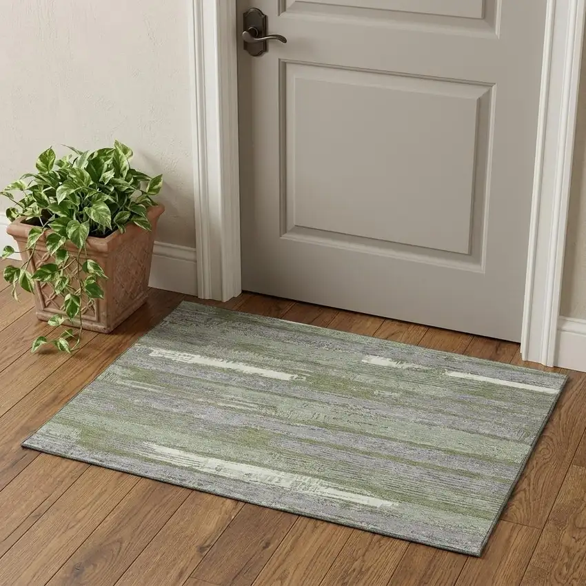 Olive Green Gray And Silver Striped Washable Area Rug With UV Protection Photo 1