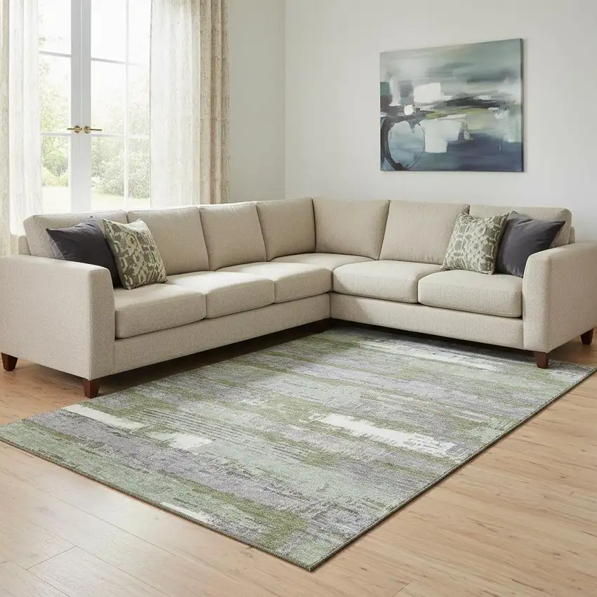 Olive Green Gray And Silver Striped Washable Area Rug With UV Protection Photo 2